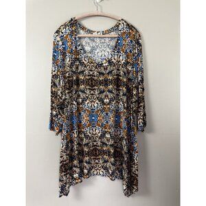 Artisan NY Women 3X Fleur De Lis Tunic Top Boho Mandala Print Asymmetrical Drape